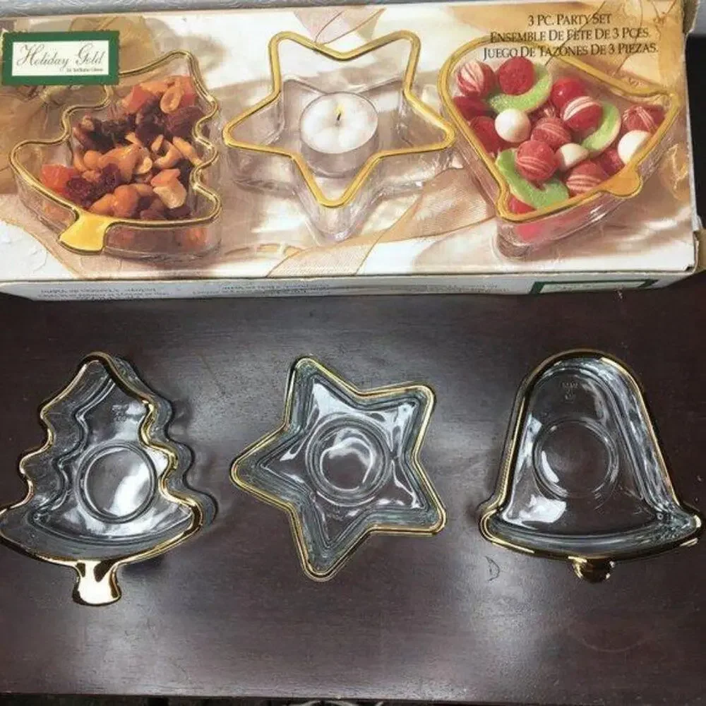Indiana Glass 3 Piece Holiday Gold Party Set Vintage In Box Bell Tree Star